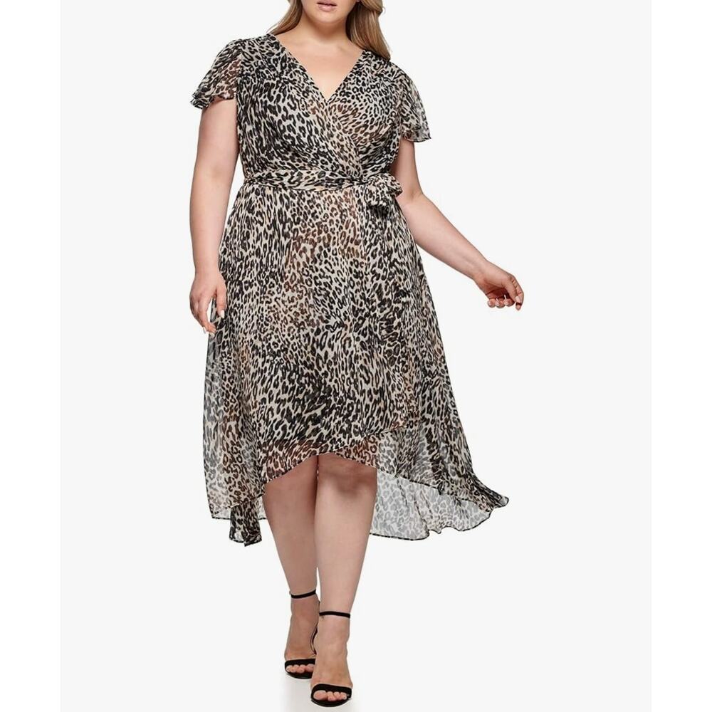 DKNY Leopard Print Fit and Flare Faux Wrap Dress Size 18w NWT